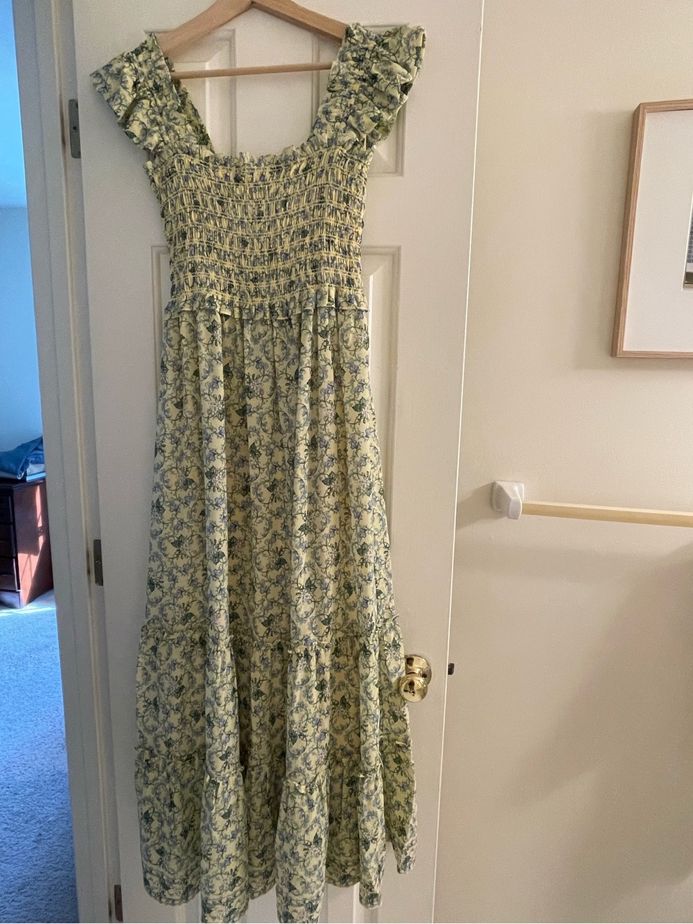 Smocked Square-Neck Floral Maxi Dress in Pale Yellow NWT
